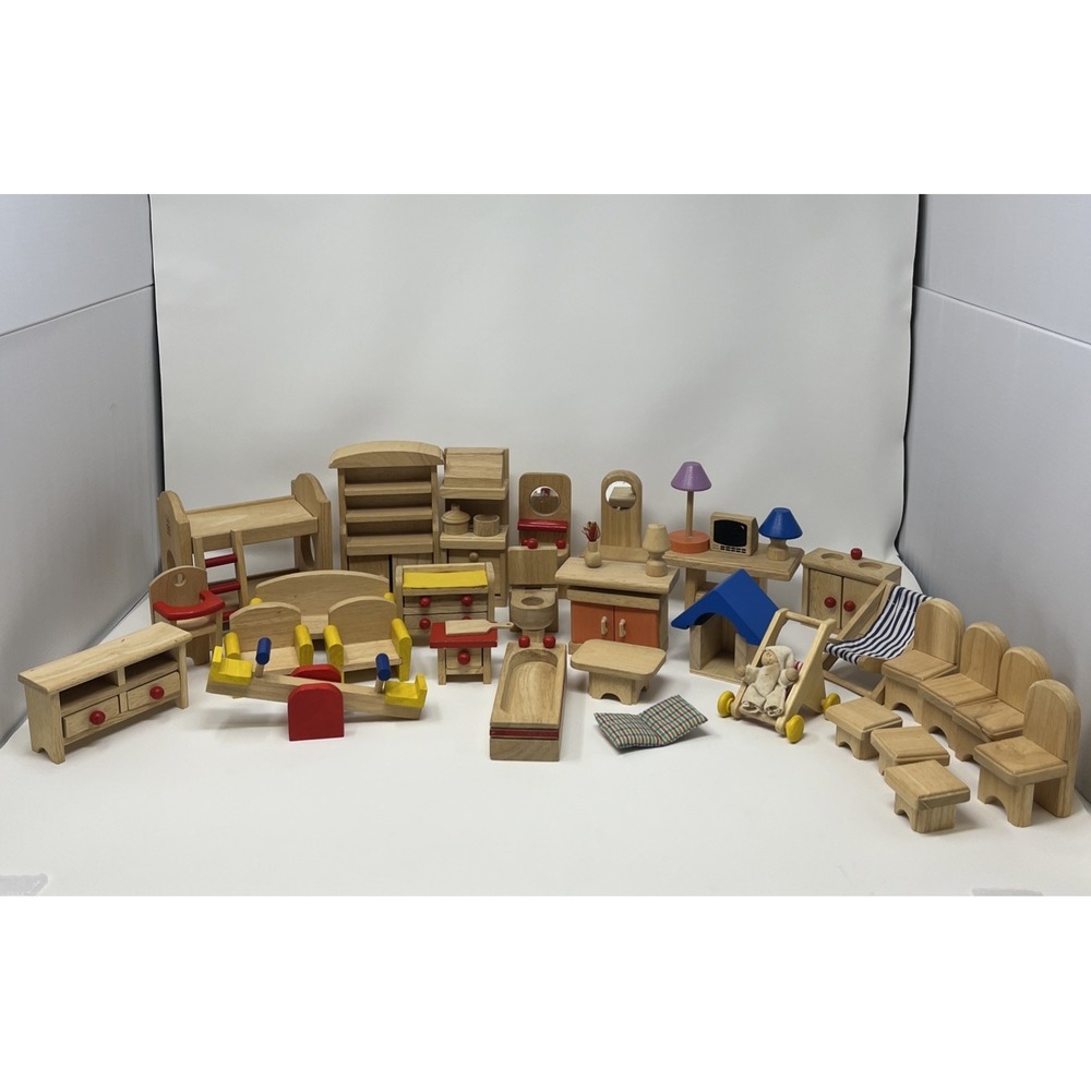 PlanToys 40+ Piece Lot Wooden Dollhouse Furniture & Figures Montessori Friendly